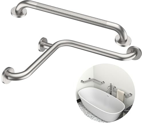 Zepolu Barre d'appui coudée en forme de L en nickel brossé 40,6 x 40,6 cm avec barre d'appui moletée de 50,8 cm, barres d'appui d'angle en acier inoxydable Zepolu pour salle de bain, support de