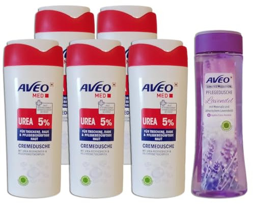 6er Set: AVEO Med 5 x CREMEDUSCHE 5% Urea FÜR TROCKENE, RAUE UND PFLEGEBEDÜRFTIGE HAUT. + 1 x Bonus PFLEGEDUSCHE 300 ml