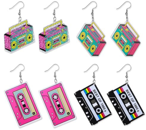 4 Paar 80er Jahre Ohrringe Vintage Radio Kassette Neonohrringe Ohrringe 90er Jahre Damen für Karneval Party