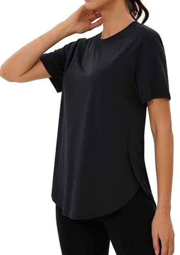 Wayleb Sportshirt Damen Kurzarm Rundhals Sommer Sport T-Shirts Sommer Leichtes Atmungsaktiv Laufshirt Fitness Gym Oberteile Frauen Longshirt Yoga Top mit Seitenschlitzen, Schwarz L