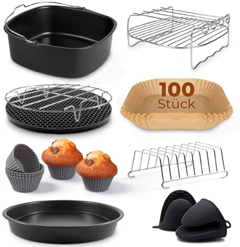 Fentic Heißluftfritteuse Zubehör – 19-Teiliges - Geeignet für XL und XXL Air Fryer, Philips, Cosori 5.5L, Ninja, Cecotec, Tefal, Princess – Inklusive Backpapier (100 Stück) und E-Rezeptbuch