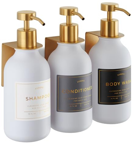 Shampoo & Conditioner Dispenser - Shower Soap Dispenser Wall Mounted - Set of 3 500 ml Plastic Bottles with Pump & Holder - Shampoo Dispenser - Shower Dispenser Chamber No Drill (3 X White/Gold)