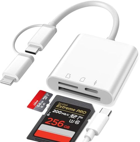 SD Card Reader for iPhone, 3 in 1 Lightning+USB C SD Card Reader, Memory Card Reader with SD/TF Slot+PD Port, for iPhone 15/14/iPad/MacBook Pro/Air/Samsung/Android Phone