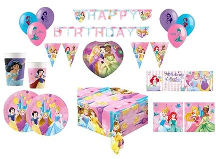 WOOPARTY Kit Compleanno Principesse 123pz (1 tovaglia, 24 Piatti, 40 tovaglioli, 24 Bicchieri, 1 Festone, 2 festoni bandierine, 10 Palloncini in Lattice, 1 Palloncino Metal, 20 Biglietti inviti)