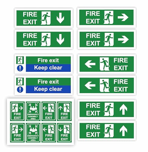 Fire Escape Signage - Full Set of 18 Fire Exit Signs Self Adhesive/Fire Exit Sign/Fire Exit Keep Clear Signs/Vinyl Decal Stickers For Use As Health & Safety Signage