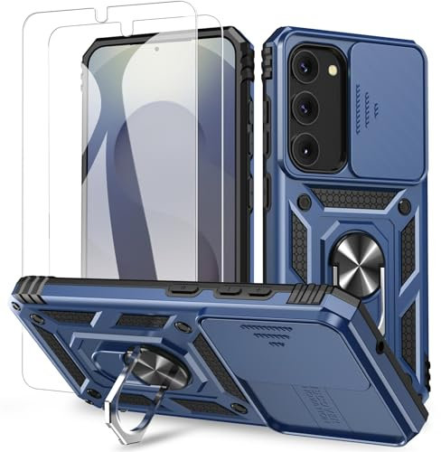 Fewdew Coque pour Samsung Galaxy S25 Plus/S24 Plus avec Couvercle de l'appareil Photo Coulissant & 2 Verre Trempé & Anneau,Militaire Antichoc Robuste Coque pour Samsung S25 Plus/S24 Plus,Bleu