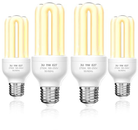 Lustaled Energy Saving Light Bulbs Screw in, 11W E27 Screw Bulb Warm White 2700K, ES CFL Energy Saver Low Energy Light Bulbs 3U Stick Lamp, 220-240V, Non-dimmable, 4-Pack