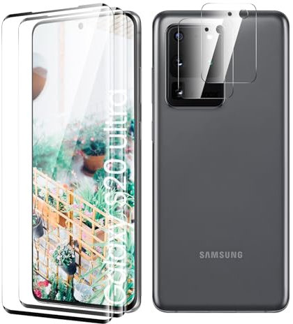 Verre Trempé pour Samsung Galaxy S20 Ultra Plein écran, Affaire Classée Protection écran, Bord à Bord, sans Bulle, Anti-Scratch, 2 Pièces Verre Trempé + 2 Pièces Caméra Protection écran