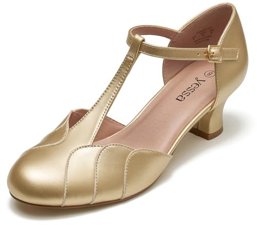 YESSA Character Shoes 2 Dance Shoes for Women T-Strap 1920s Flapper Shoes for Ballroom Latin Salsa Folklorico Flamenco Tango Swing Wedding Gatsby Shoe 9.5 Gold