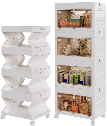 NEW Integrated Storage Boxes with Lid 40L*4 Tier One-Piece Design Plastic Storage Boxes, Flip-Door Foldable Stackable Bins with Wheels, Stackable Drawers Containers for Home Office Organisation