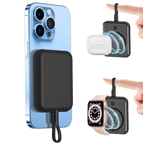 Mag-safe Power Bank, 10000mAh Wireless Magnetic Portable Charger with Built-in USB C in&Out Cable, Fast Charging Battery Pack Compatible with iPhone, Android, i-Watch, Air-Pods (Black)