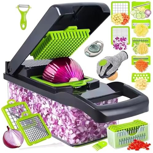 18 in 1 Vegetable Chopper & Cutter with 7 Rust-Resistant Blades – Multifunctional Veg & Salad Chopper, Onion Dicer, Grater, BPA-Free, Hand Guard & Cleaning Brush, Easy to Clean