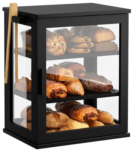 WOWLIVE Boîte à pain noire pour plan de travail de cuisine, grand conteneur de stockage de pain à 3 niveaux pour pain fait maison avec fenêtre, organisateur de boîte à pain de style fermier pour