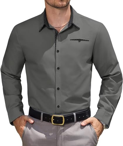 Elainone Men's Dress Shirts Long Sleeve Formal Business Shirts for Men Contrast Colour Casual Shirts with Pocket Grey XL