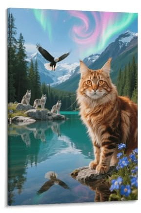 EMYXPAQM Maine Coon Leinwandbilder Katze Wolf Adler Wandbild Auf Leinwand Premium Wanddekoration Für Wohnzimmer Wohnung Geschenkidee 16x24inch(40x60cm)