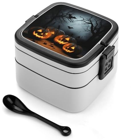 MXZERFKGLA Bento-Box für Erwachsene, Lunchbox, Lebensmittelbehälter mit Utensilien, Halloween, mit Kürbisen, Lunchbox, auslaufsicher, doppellagig, Bento-Box für Essen, Arbeit, Picknick, Reisen