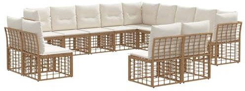 vidaXL Outdoor-Sofagarnitur Natürlich und Cremweiß Polyester, Verstellbare Fußpolster, modernes wetterfestes Outdoor-Ecksofa, Garten-Lounge-Set für Terrasse und Garten