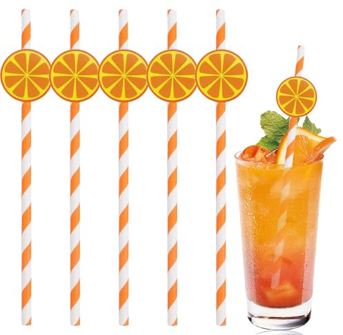 LEOUEANR 50Pcs Striped Paper Straws, Disposable Biodegradable Drinking Straws for Summer Party, Birthday & Wedding (Orange)