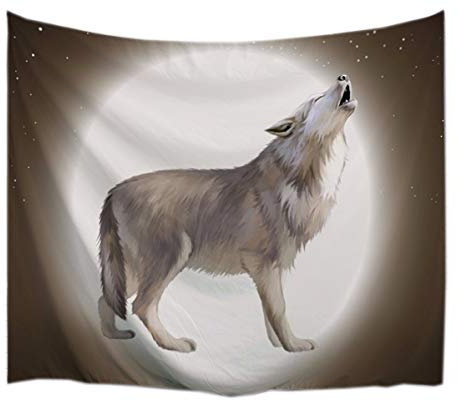 A.Monamour Wanddekor Wandteppiche Graue Hintergründe Nacht Wolf In Silhouette Heulen Am Runden Mond Tier Themen Polyester Stoff Wandbehang Tapisserie Kunst Dekore 180X200Cm / 71X 80