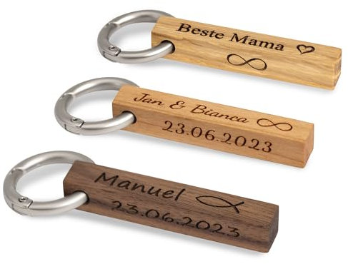 STREIFHOLZ Schlüsselanhänger aus Holz personalisiert, Anhänger aus Holz mit Gravur, mit Lederband, individuelles Geschenk für Weihnachten, zum Geburtstag, Valentinstag uvm.