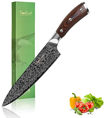 FineTool Couteau de Cuisine, 20cm Couteau de Chef Professionnel, couperet à légumes 7Cr17mov en acier inoxydable, avec Manche en Bois de Paka, le Couteau de Cuisine le plus Tranchant