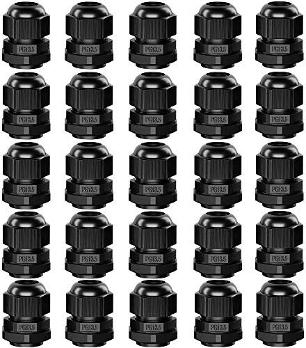 QitinDasen 25Pcs Premium Nylon PG13.5 Cable Gland, 6~12mm Adjustable IP68 Waterproof Cable Glands Joints, Waterproof Cable Gland Connector with Gaskets (Black)