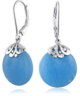 Western Stil Filigree Lever Back Artic Cerulean Blue Simuliert Larimar Dyed Quartz Flat Round Kreis Disc Baumelnd Drops Earrings For Freundin .925 Sterling Silver