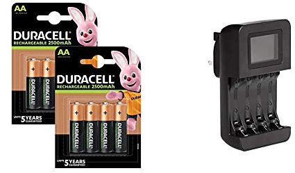 Duracell Rechargeable AA 2500 mAh Batteries ideal for Xbox controller, Pack of 8 & Amazon Basics Intelligent Digital Battery Charger for 4 AA, AAA