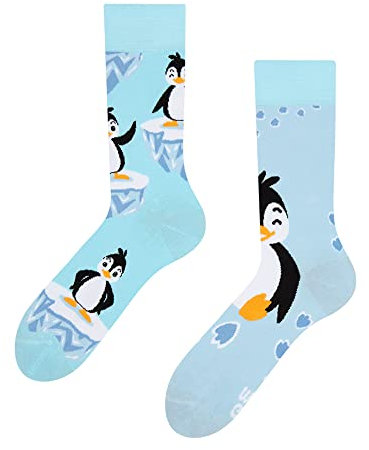 Dedoles Socken Unisex Damen Herren & Kinder Baumwolle viele lustige Designs 1 Paar Geschenk links rechts verschieden, Farbe Blau, Motiv Fröhlicher Pinguin, Gr. 35-38