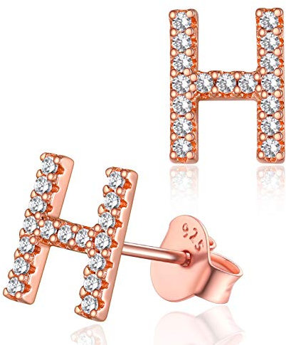 Boucles d'Oreilles Lettre H Zirconium Or Rose Femme Argent 925 Strass Sterling Clous d Oreilles Fille Alphabet Mini Bijoux Cadeau Fête des Mères Maman Copine