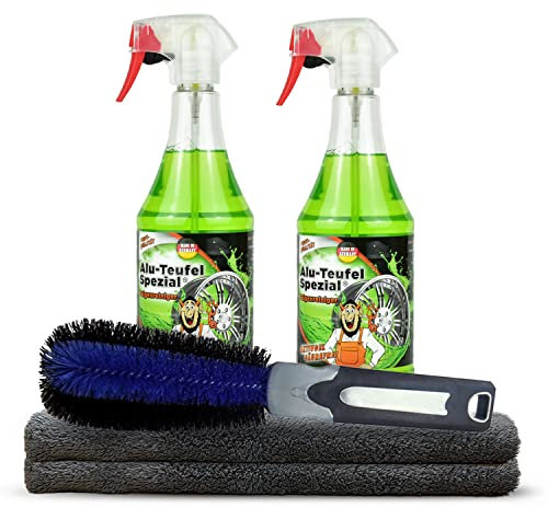 Shiny Freaks Felgenreinigungs Set: TUGA ALU-Teufel (2x1L) Felgen Reiniger für alle Stahl & Alufelgen + ChemicalWorkz Premium Mikrofasertuch 500GSM + K2 Felgenbürste | 5-teilig