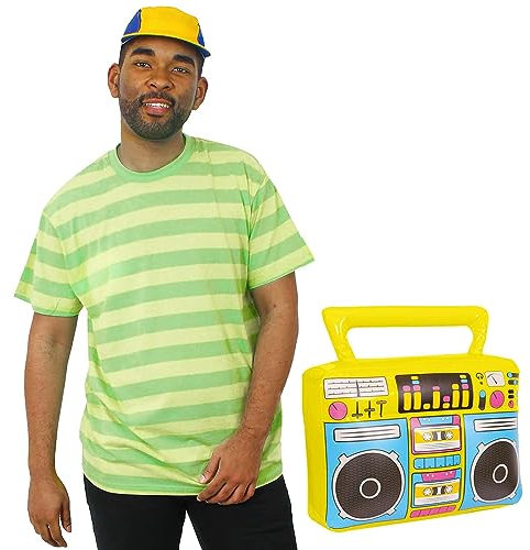 Bel-Air-Prinz-Kostüm – Neongelb & Grün gestreiftes T-Shirt + gelbe & blaue Baseballkappe + aufblasbare gelbe Boombox – Erwachsenen-Retro-TV-Charakter 90er-Jahre-Kostüm (Größe: L)