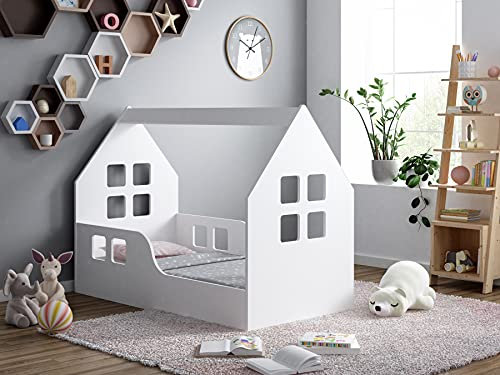 BDW Kinderbett 80x160cm MIT MATRAZE Haus Bettenhaus Hausbett Kinderzimmer Bett Kinder Kiefernholz Weiß