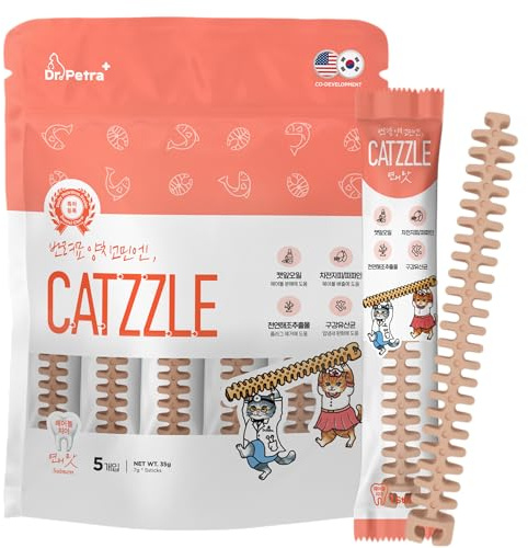 DR.PETRA CATZZLE Cat Treats, Dental Chews for Indoor Cats, Cat Teeth Cleaning, Dental Care Snacks - Hairball Control (Salmon Flavor), 5 Sticks (1.25 oz.)