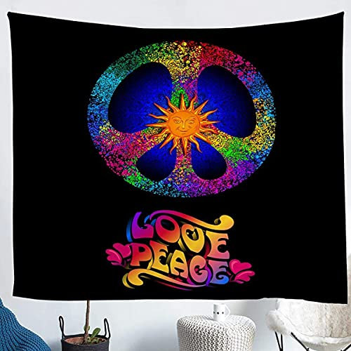 Hippie Frieden Kunst Wandteppich 175x230cm Frieden Unterzeichnen Kunstwerk Wandbehang für Kinder Mädchen Bunte Batik Tapisserie Regenbogen Bunte Kunstdruck Wandtuch für Schlafzimmer Wohnzimmer
