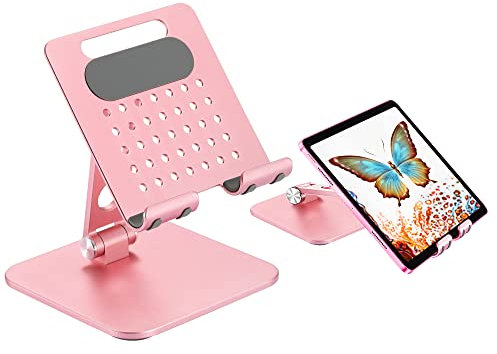 TACOMEGE Pink Tablet Stand for iPad, Cooling Holes Tablet Holders for Samsung Microsoft Surface, Tablet Bracket for Kindle Fire Nintendo Smartphone