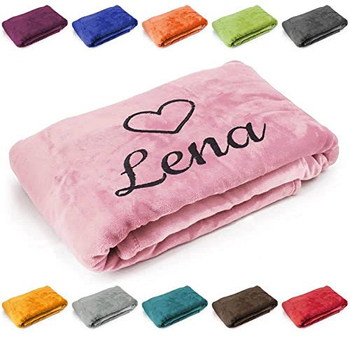 Kuscheldecke 'Herz' mit Name oder Wunschtext bestickt, Geschenk zu Valentinstag, Geburtstag, Hochzeitstag, 200cm x 150cm extra weiche und gemütliche Sofadecke/Wohndecke, hochwertiges Fleece (Babyrosa)