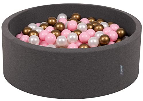 KiddyMoon Bällebad 90X30cm/200 Bälle ∅ 7Cm Bällepool Mit Bunten Bällen Für Babys Kinder Rund, Dunkelgrau:Rosa/Perle/Gold
