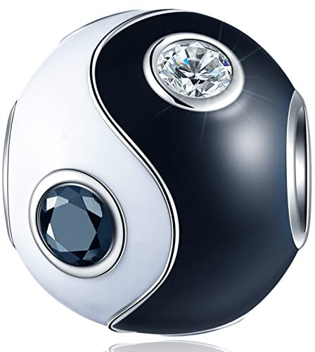 Yin Yang Charms Schwarz Weiß Emaille mit CZ, 925 Sterling Silber Ying Yang China Perlen, Tai Chi Yoga Charms wie Auge/Fußball fit Pandora Valentinstag Armband, Geschenke für Frauen/Männer
