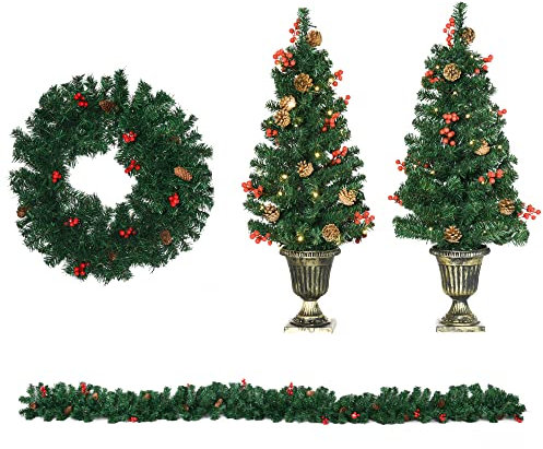 HOMCOM Decorazioni Natalizie con Luci LED e Bacche Rosse, Set 4 Pezzi con 2 Alberelli di Natale Φ40x90 cm, una Ghirlanda Natalizia e una Corona di Natale