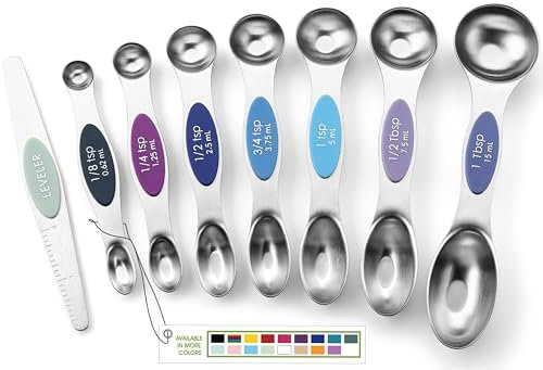 Spring Chef Magnetic Measuring Spoons Set, Dual Sided, Stainless Steel, Fits in Spice Jars, Winter Frost, Set of 8