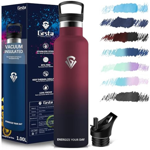 Grsta Trinkflasche - 1L - Trinkflasche Sport, Trinkflasche Edelstahl Auslaufsicher, Trinkflasche mit Strohhalm, Thermosflasche BPA-frei, Wasserflasche fur Fitness, Outdoor, Gym, Sport