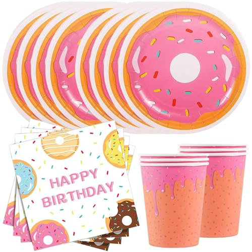 YGCHEN Partygeschirr Donut Mädchen Geburtstag Deko Krapfen Party Geschirr Kindergeburtstag Pappbecher Pappteller Servietten Donut Geburtstag Geschirr Set 8 Personen