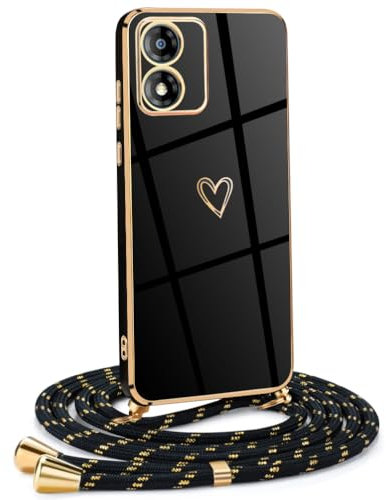 Mkej Coque pour Motorola Moto E13 4G avec Cordon de Collier, Coque avec Cordon Motif Coeur d'amour TPU Housse, Collier RéglableTéléphone Portable Lanyard Case Motorola Moto E13 4G, Or Noir