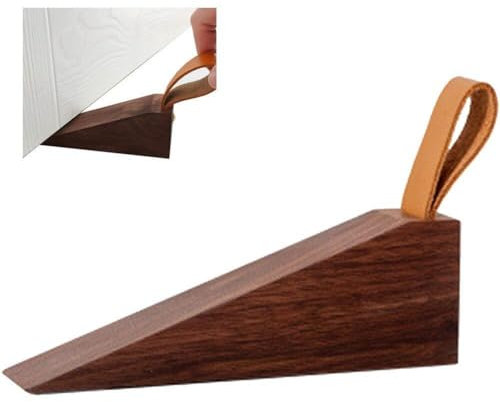 Wooden Door Stop, Walnut Door Wedge Floor Non-slip Doorstop Door with Hanging Leather Clip for Bedroom, Office Doors