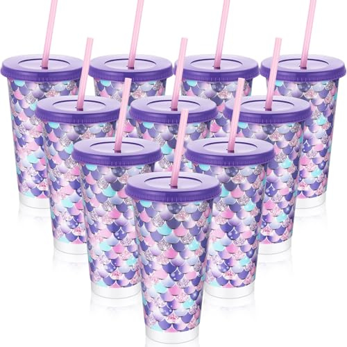 Domensi 24 Pcs Operation Christmas Items Bulk Plastic Cups with Lid and Straw 24 oz Reusable Party Favors Plastic Tumbler Water Bottle Coffee Mug for Christmas Birthday Classroom Gifts(Mermaid)