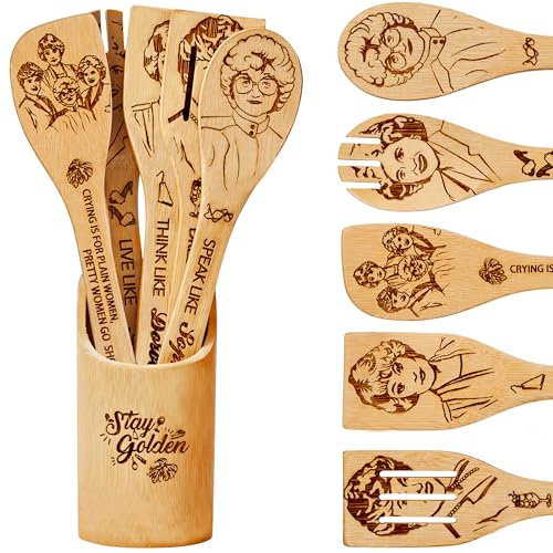 Golden Kitchen Decor Accessories Wooden Spoons for Cooking -Golden Merchandise for Friends,Bamboo Utensils Gifts for Women,Birthday & House Warming Gift for Friend,7pcs