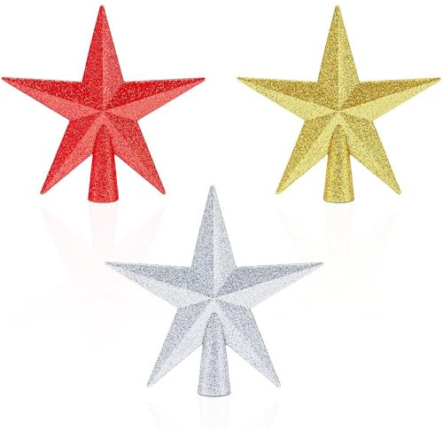 Aneco 3 Pack 4 Inches Glittered Mini Star Christmas Tree Topper Star Treetop for Small Christmas Tree Ornaments, Gold, Silver and Red
