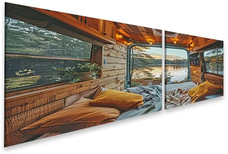 islandburner Bild auf Leinwand Gemütlicher Camper-Van-Bettblick auf Sonnenuntergang über See mit Kissen und Decke am Fenster Bilder Wandbilder Poster
