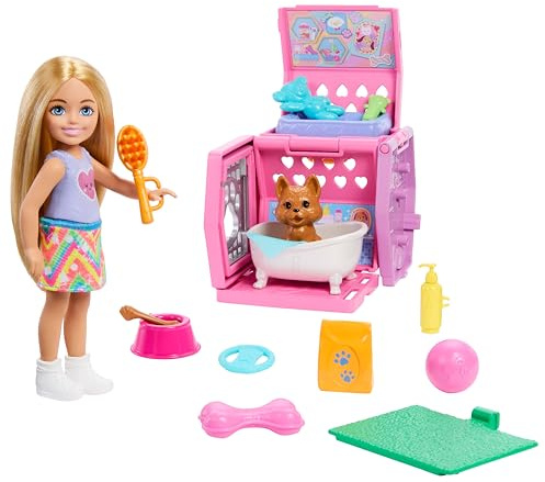 Barbie Chelsea Hundetransporter und Puppenset | Blonde Puppe, Welpe mit Hunde-Tragetasche und -Accessoires, ab 3 Jahren, JDF89